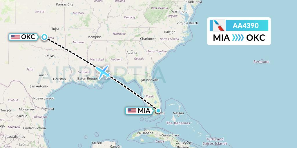 AA4390 American Airlines Flight Map: Miami to Oklahoma City