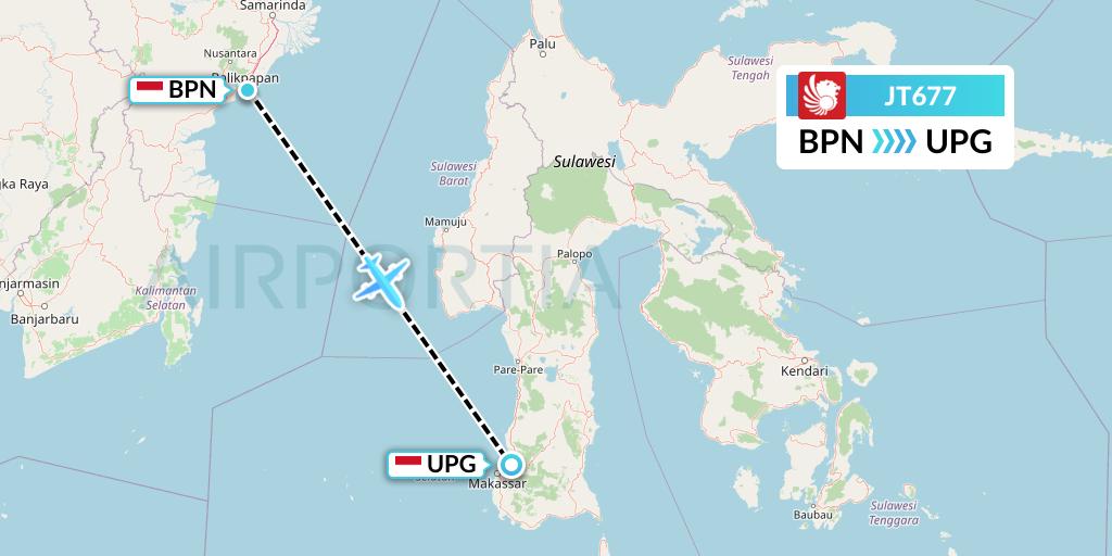 JT677 Lion Airlines Flight Map: Balikpapan to Makassar