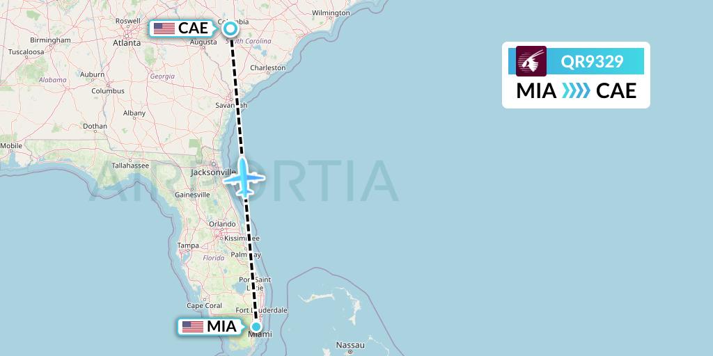 QR9329 Qatar Airways Flight Map: Miami to Columbia