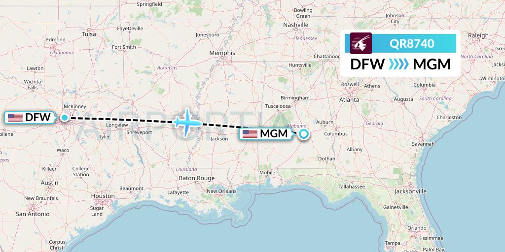QR8740 Qatar Airways Flight Map: Dallas to Montgomery