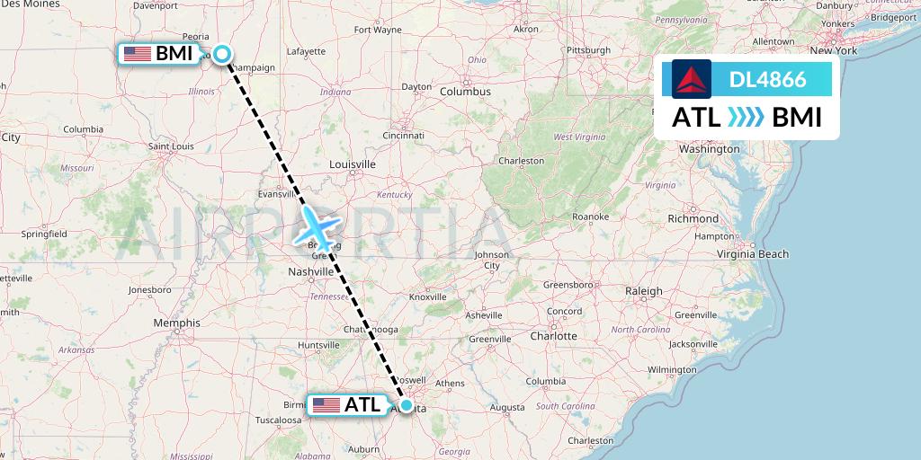 DL4866 Delta Air Lines Flight Map: Atlanta to Bloomington