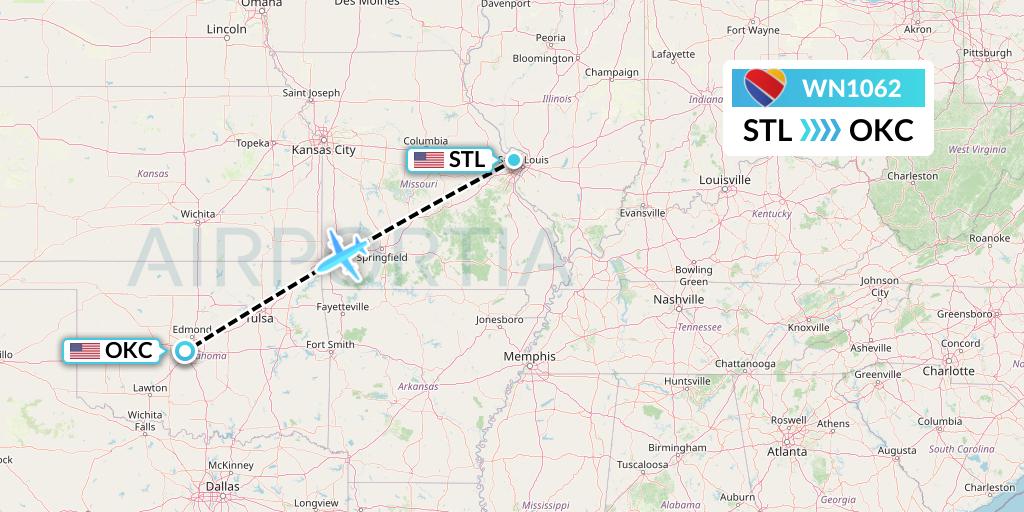 WN1062 Southwest Airlines Flight Map: St. Louis to Oklahoma City