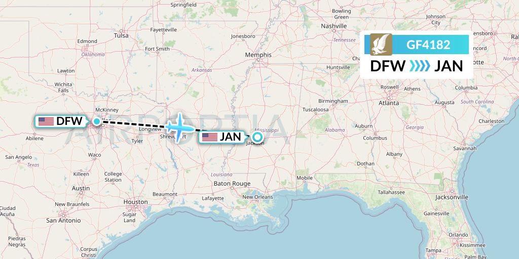 GF4182 Gulf Air Flight Map: Dallas to Jackson
