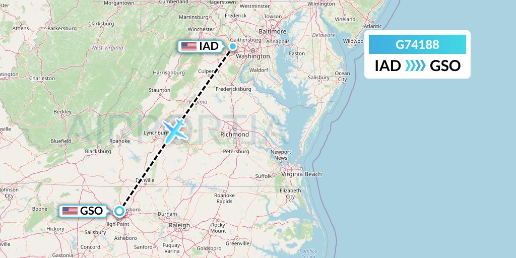 G74188 GoJet Flight Map: Washington to Greensboro