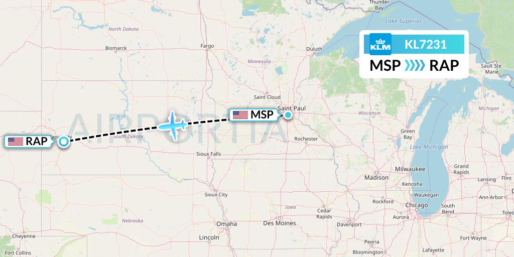 KL7231 KLM Flight Map: Minneapolis to Rapid City
