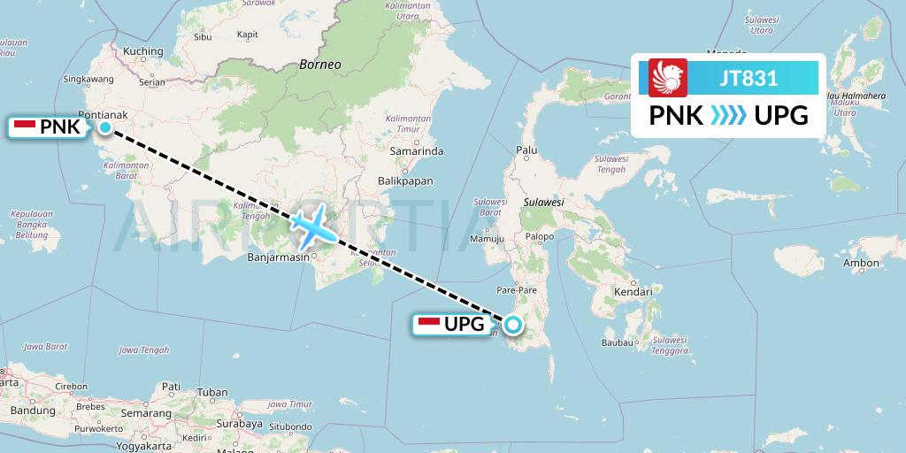 JT831 Lion Airlines Flight Map: Pontianak to Makassar