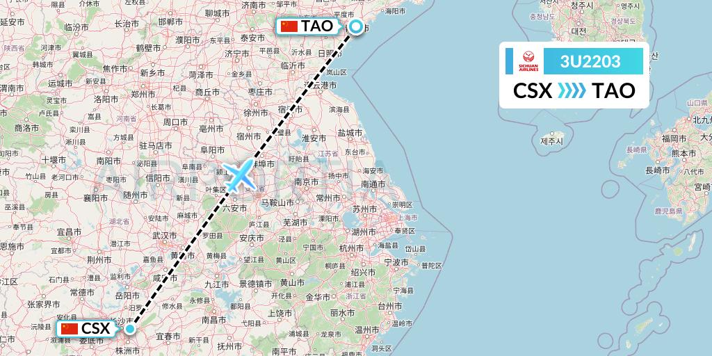 3U2203 Sichuan Airlines Flight Map: Changsha to Qingdao