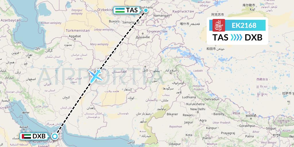 EK2168 Emirates Flight Map: Tashkent to Dubai