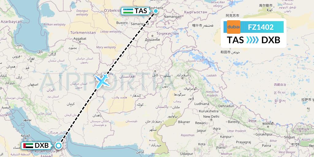 FZ1402 FlyDubai Flight Map: Tashkent to Dubai