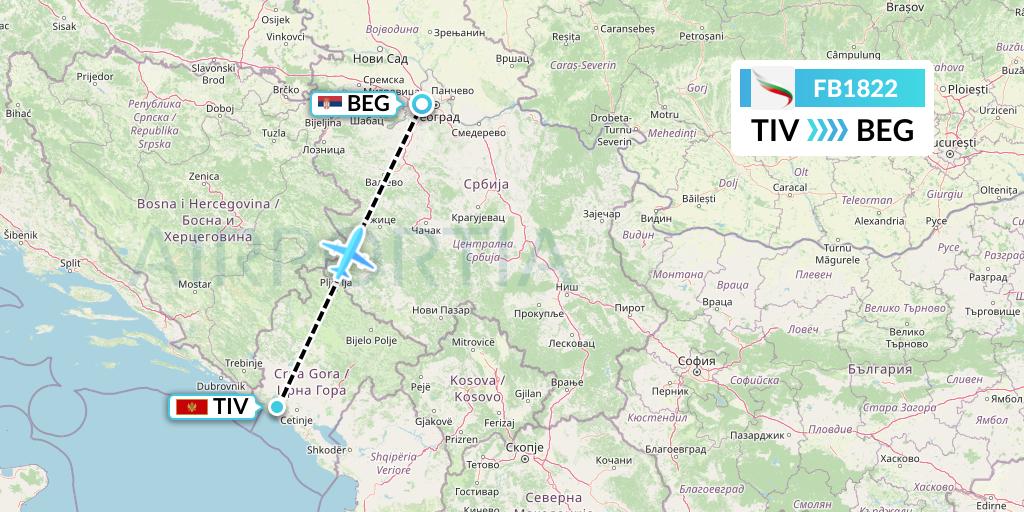 FB1822 Bulgaria Air Flight Map: Tivat to Belgrade