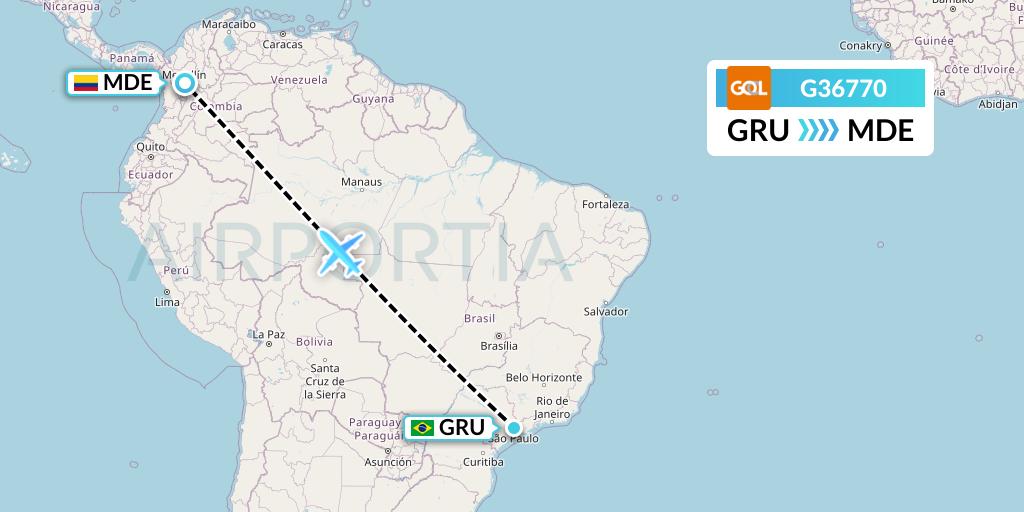 G36770 GOL Transportes Aeros Flight Map: Sao Paulo to Medellin