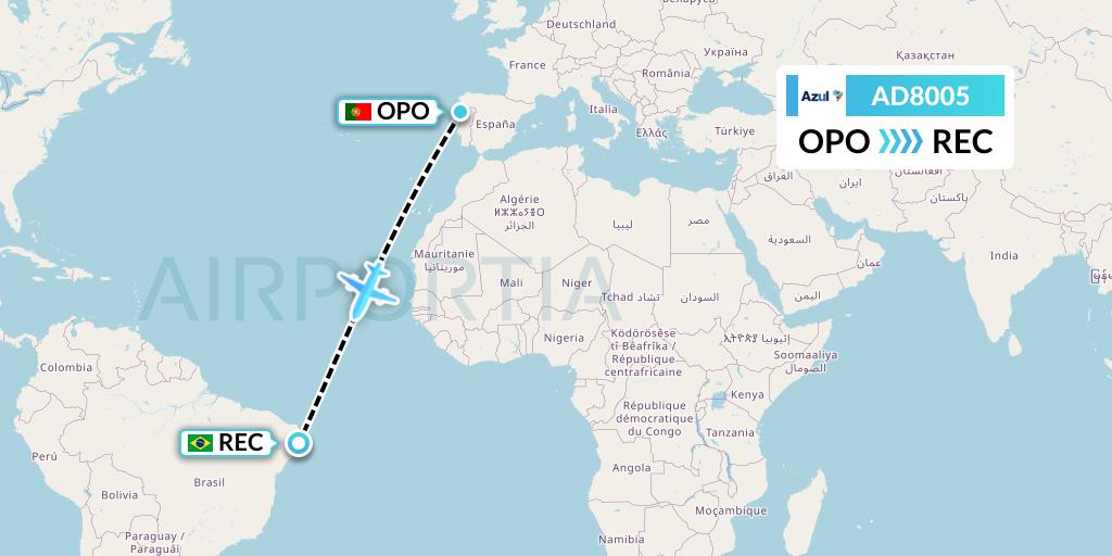 AD8005 Azul Brazilian Airlines Flight Map: Porto to Recife