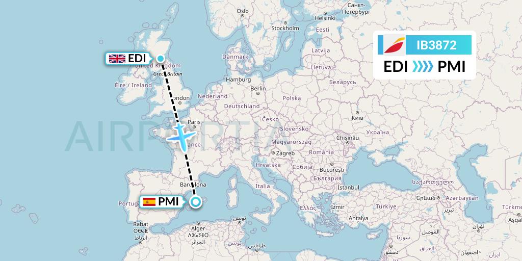 IB3872 Iberia Flight Map: Edinburgh to Palma de Mallorca
