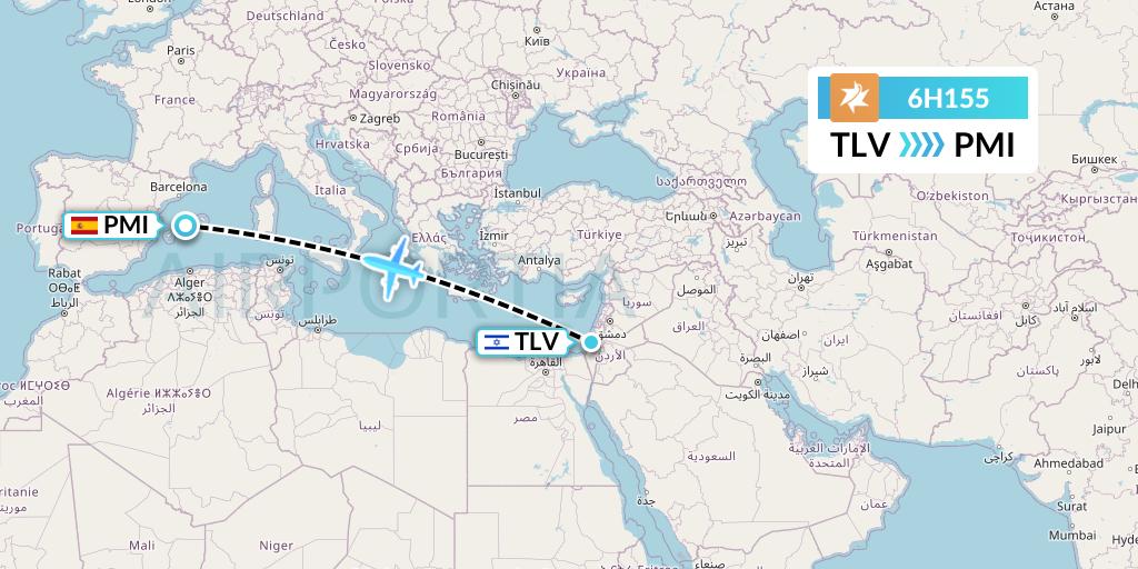 6H155 Israir Airlines Flight Map: Tel Aviv to Palma de Mallorca
