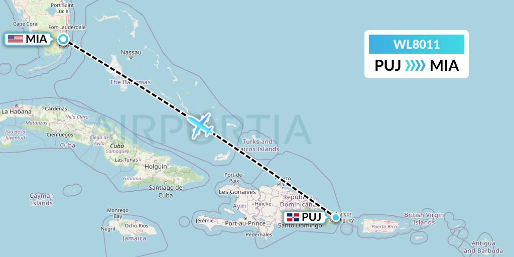 WL8011 World Atlantic Airlines Flight Map: Punta Cana to Miami