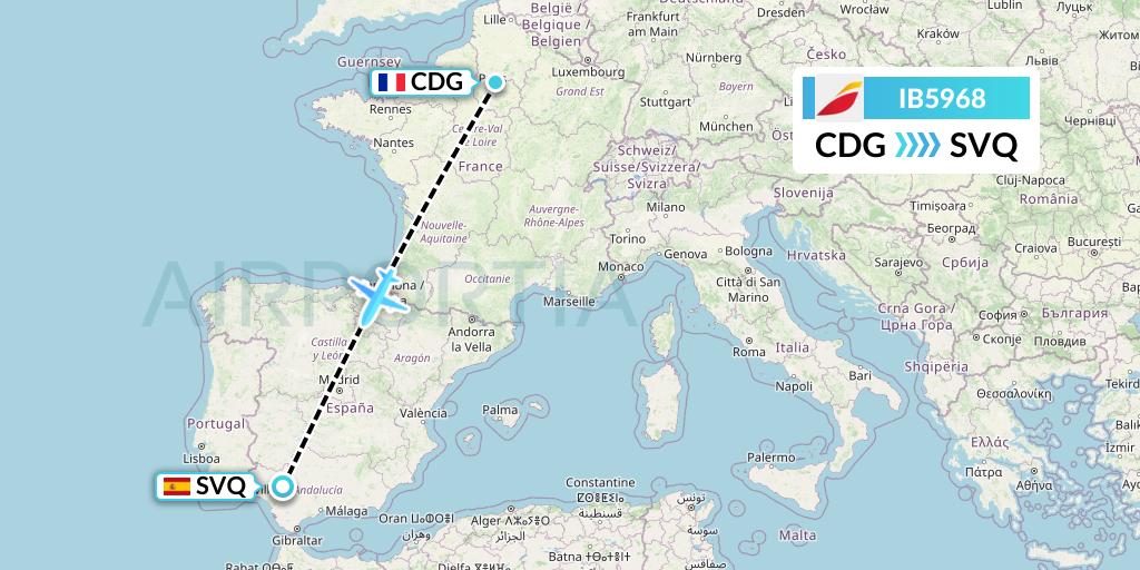 IB5968 Iberia Flight Map: Paris to Seville