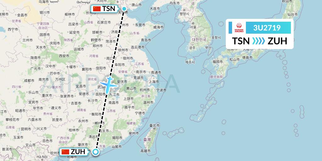 3U2719 Sichuan Airlines Flight Map: Tianjin to Zhuhai