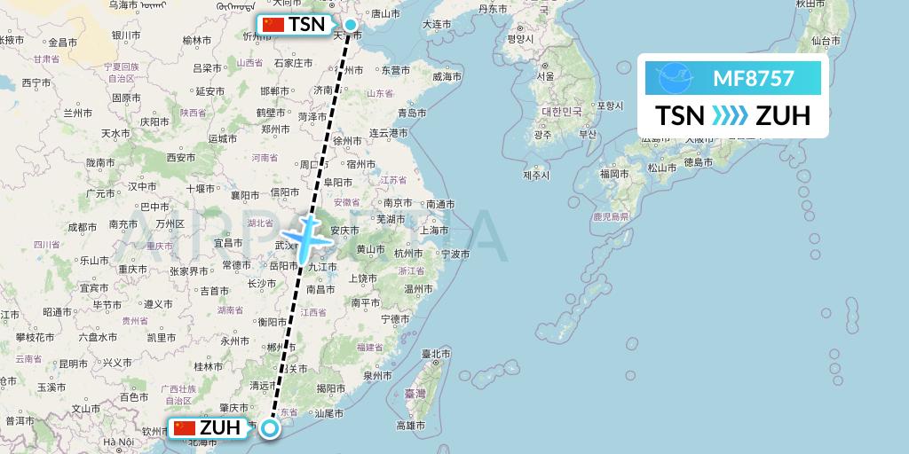 MF8757 Xiamen Airlines Flight Map: Tianjin to Zhuhai