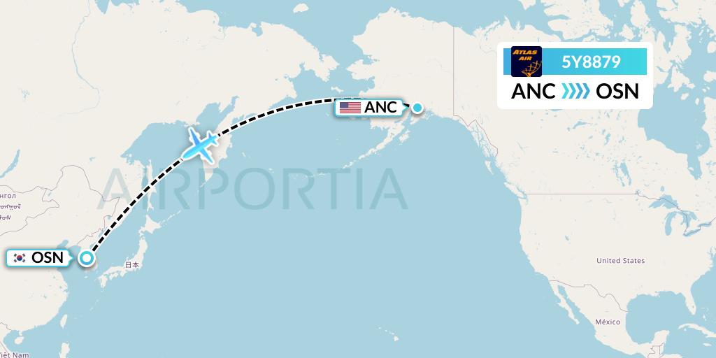 5Y8879 Atlas Air Flight Map: Anchorage to South Korea