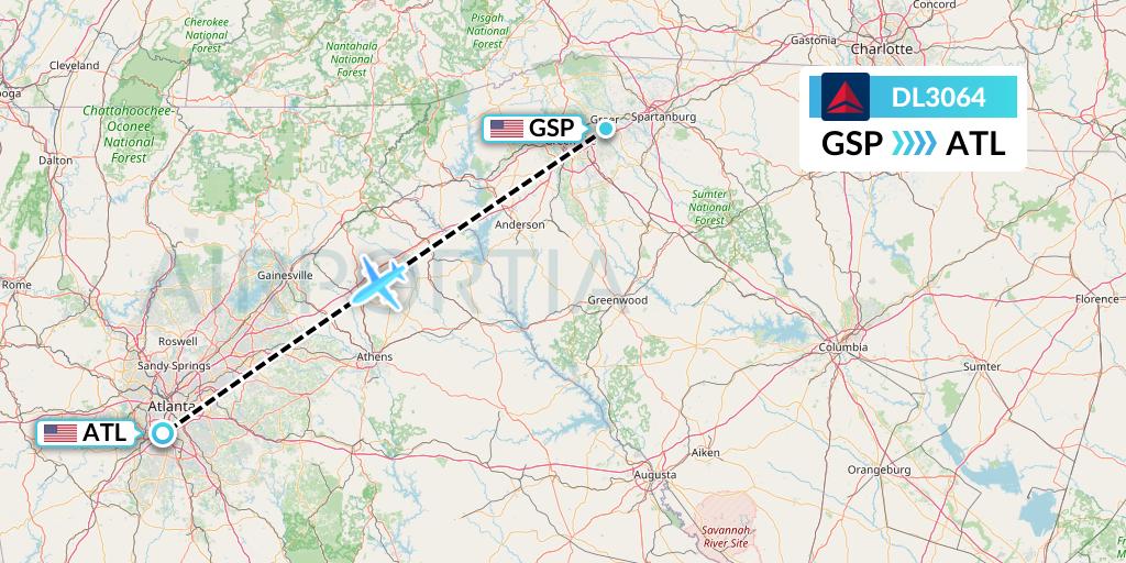 DL3064 Delta Air Lines Flight Map: Greenville-Spartanburg to Atlanta