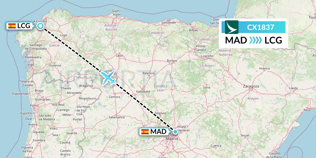 CX1837 Cathay Pacific Flight Map: Madrid to A Coruna