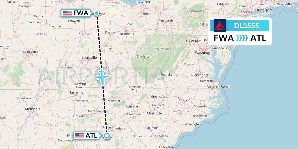 DL3555 Delta Air Lines Flight Map: Fort Wayne to Atlanta