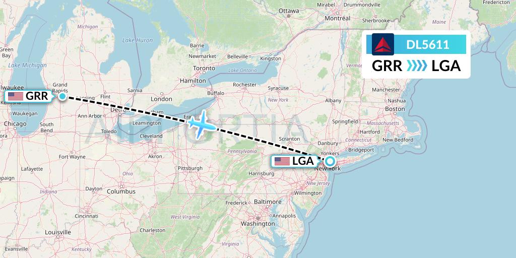 DL5611 Delta Air Lines Flight Map: Grand Rapids to New York