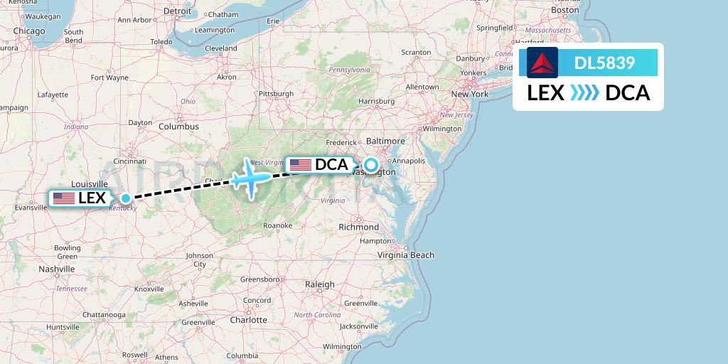 DL5839 Delta Air Lines Flight Map: Lexington to Washington