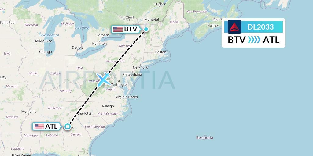 DL2033 Delta Air Lines Flight Map: Burlington to Atlanta
