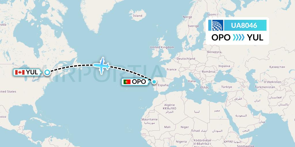 UA8046 United Airlines Flight Map: Porto to Montreal