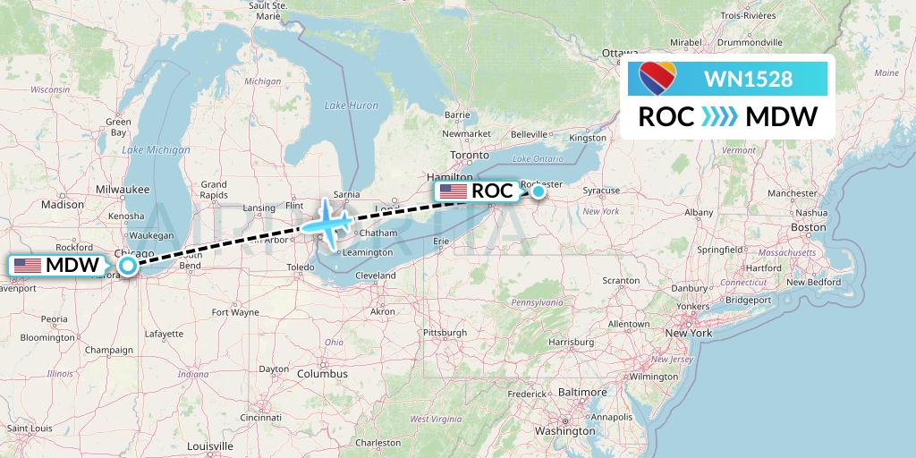 WN1528 Southwest Airlines Flight Map: Rochester to Chicago
