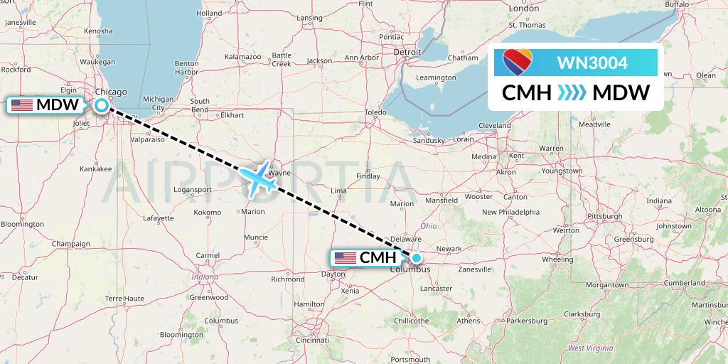 WN3004 Southwest Airlines Flight Map: Columbus to Chicago