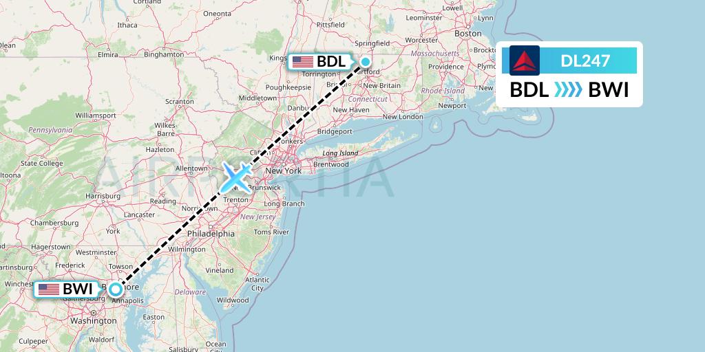 DL247 Delta Air Lines Flight Map: Windsor Locks to Baltimore