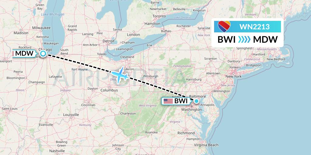 WN2213 Southwest Airlines Flight Map: Baltimore to Chicago