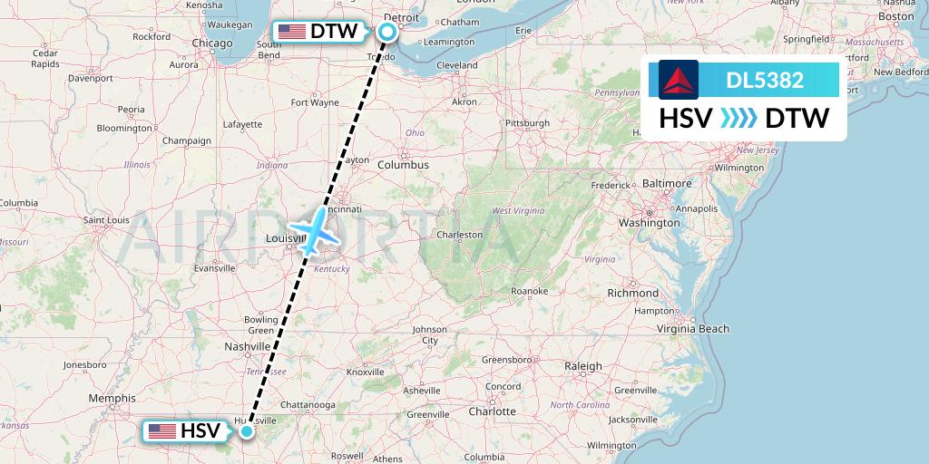 DL5382 Delta Air Lines Flight Map: Huntsville to Detroit