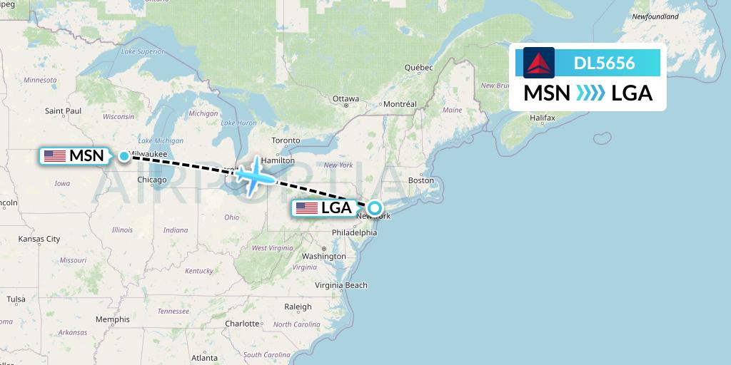 DL5656 Delta Air Lines Flight Map: Madison to New York