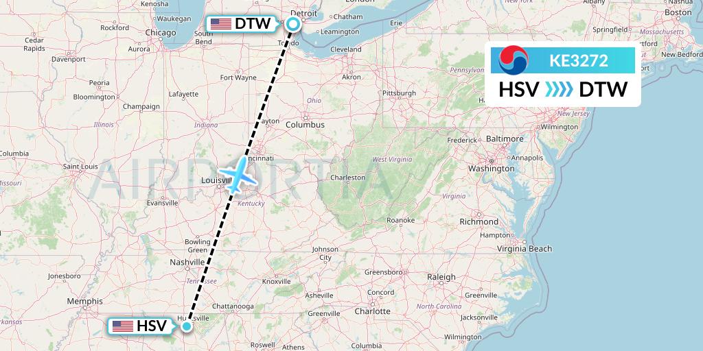 KE3272 Korean Air Flight Map: Huntsville to Detroit