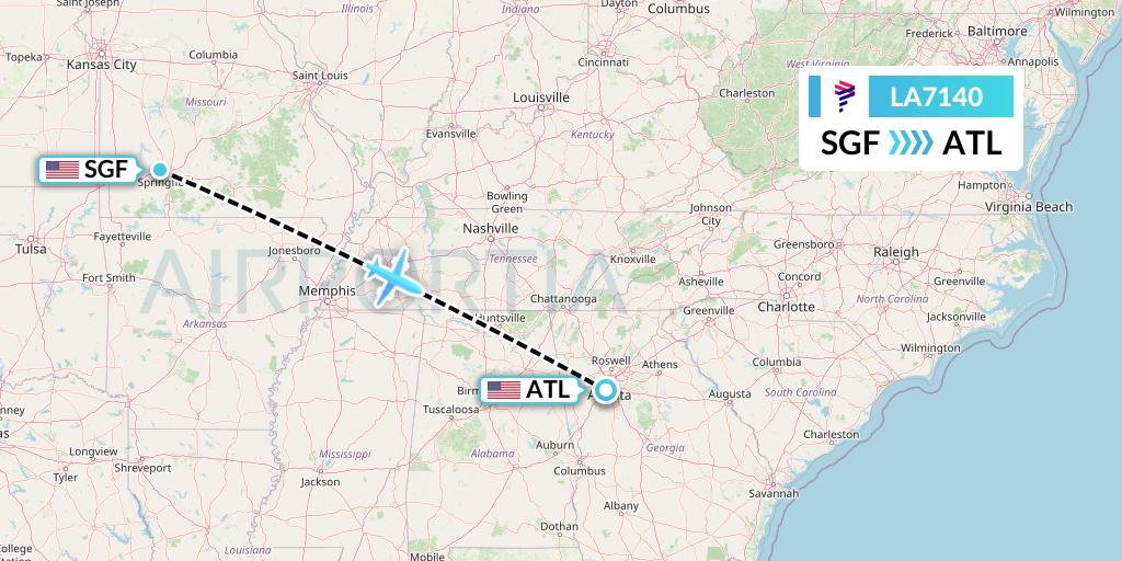LA7140 LAN Airlines Flight Map: Springfield to Atlanta