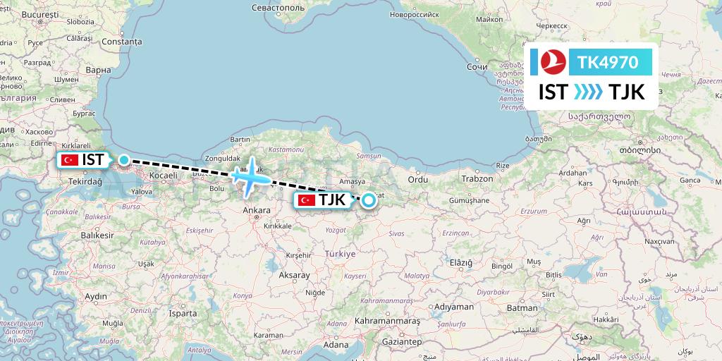 TK4970 Turkish Airlines Flight Map: Istanbul to Tokat