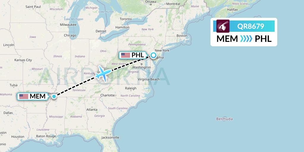 QR8679 Qatar Airways Flight Map: Memphis to Philadelphia