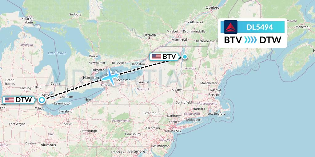 DL5494 Delta Air Lines Flight Map: Burlington to Detroit