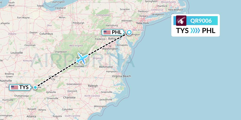 QR9006 Qatar Airways Flight Map: Knoxville to Philadelphia