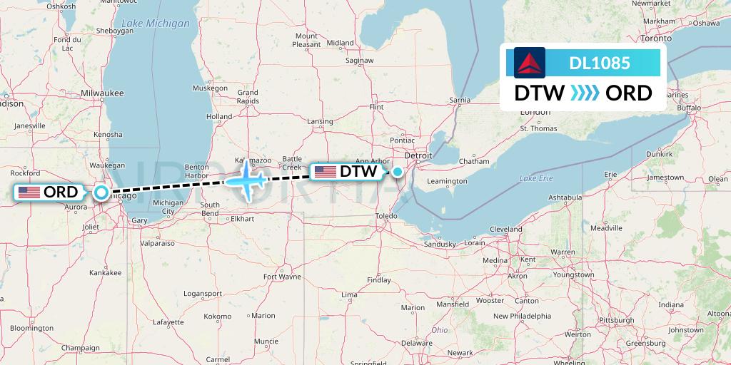 DL1085 Delta Air Lines Flight Map: Detroit to Chicago