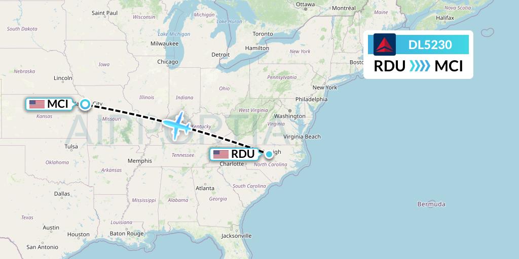 DL5230 Delta Air Lines Flight Map: Raleigh-Durham to Kansas City