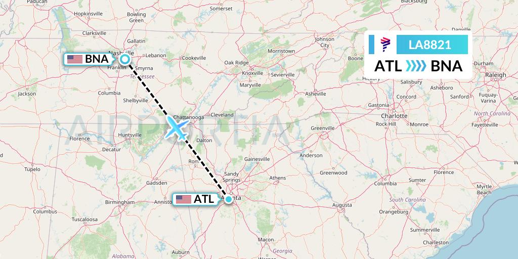 LA8821 LAN Airlines Flight Map: Atlanta to Nashville