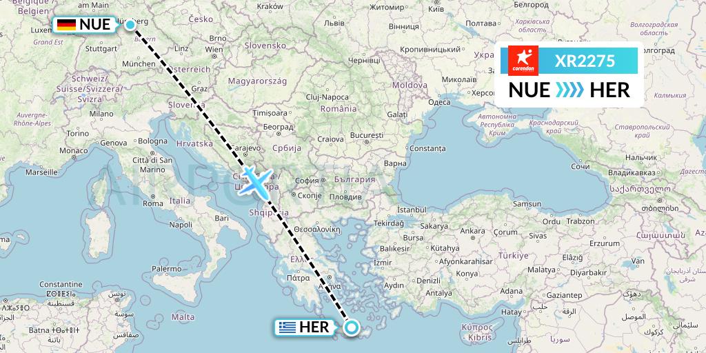 XR2275 Corendon Airlines Europe Flight Map: Nurnberg to Heraklion