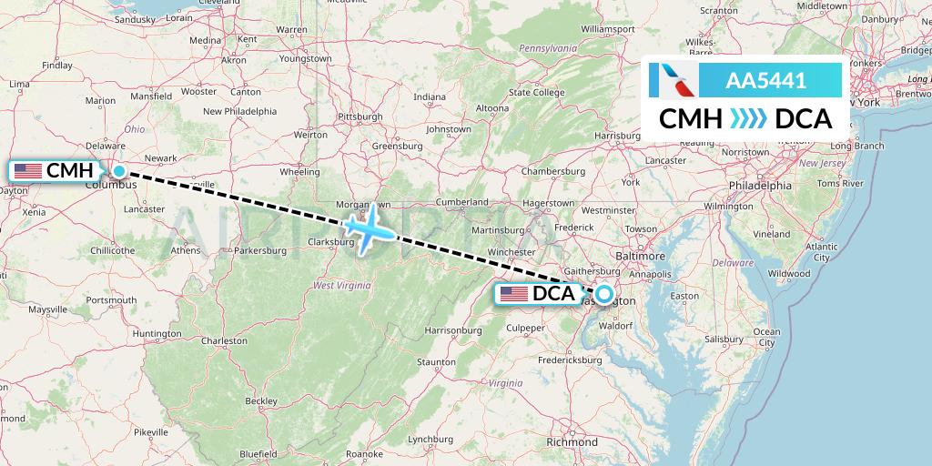 AA5441 American Airlines Flight Map: Columbus to Washington