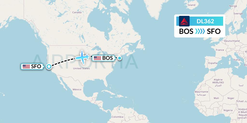 DL362 Delta Air Lines Flight Map: Boston to San Francisco