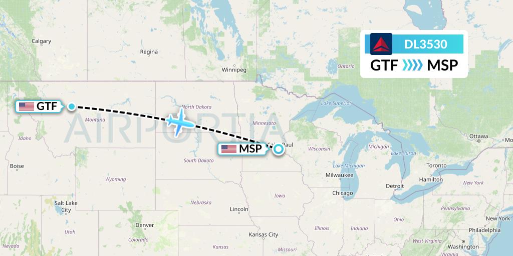 DL3530 Delta Air Lines Flight Map: Great Falls to Minneapolis