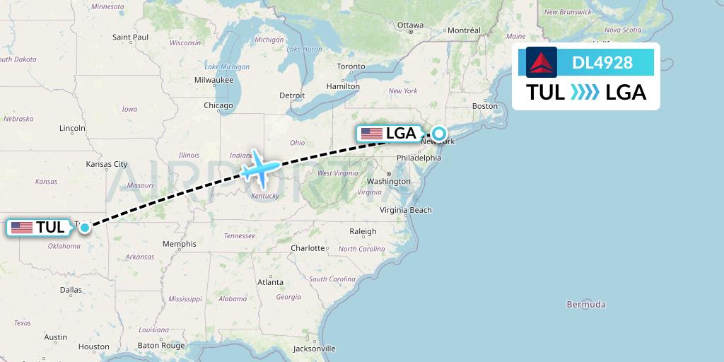 DL4928 Delta Air Lines Flight Map: Tulsa to New York